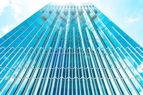 Underside panoramic and perspective view to steel blue glass high rise buildi Stock Photos