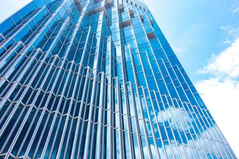 Underside panoramic and perspective view to steel blue glass high rise buildi 스톡 사진