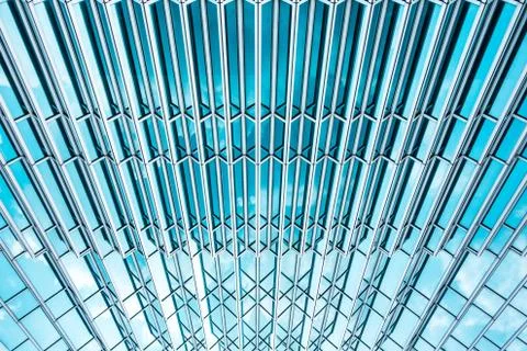 Underside panoramic and perspective view to steel blue glass high rise buildi 스톡 사진