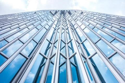 Underside panoramic and perspective view to steel blue glass high rise buildi 스톡 사진
