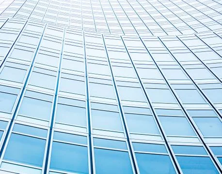 Underside panoramic and perspective view to steel blue glass high rise buildi Stock Photos
