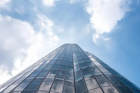 Underside panoramic and perspective view to steel blue glass high rise buildi Stock Photos