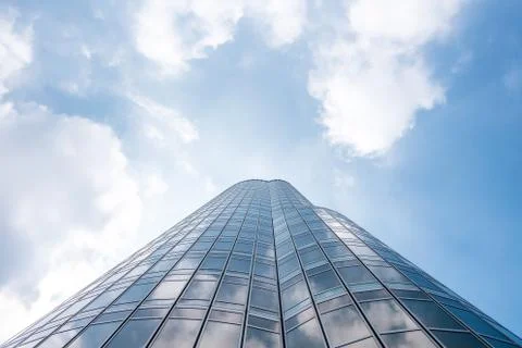 Underside panoramic and perspective view to steel blue glass high rise buildi Stock Photos