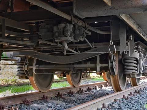 Underside of a train wagon on rails Stock-Fotos