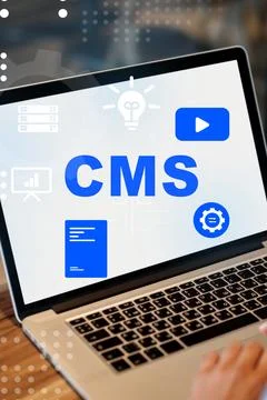 Understanding a content management system on a laptop screen in a workspace 写真素材