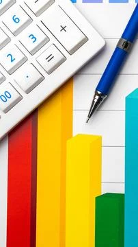 Understanding data analysis with calculator and pen on colorful chart Stock Photos