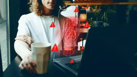 Understanding deep fake technology through a computer screen while a person is Stock Photos