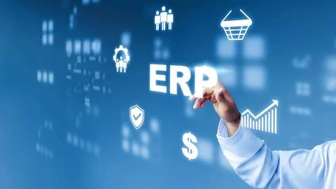 Understanding ERP with hand gesture on digital interface in modern office Stock Photos