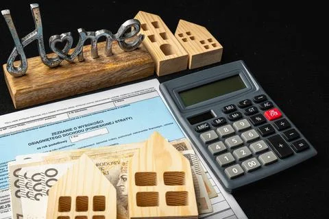 Understanding Polish PIT tax forms with a calculator and financial document.. Fotos Stock
