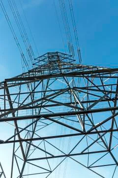 Underview of Structured  Metal Engineering of Overhead Electricity Pylon Stock Photos