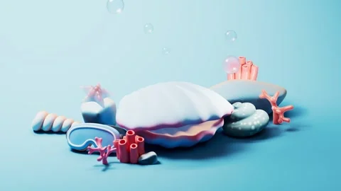 Underwater 3d animation featuring sea shells corals and diving mask with fl.. 스톡 동영상 332385624