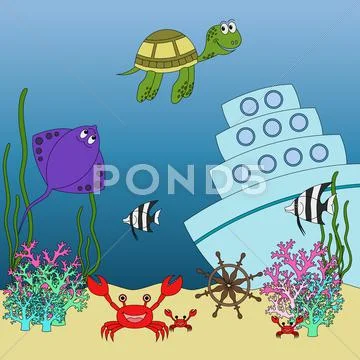 Underwater Animals And Fish Illustration
