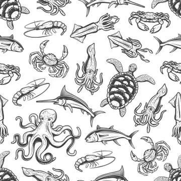 Underwater animals monochrome seamless pattern イラスト素材