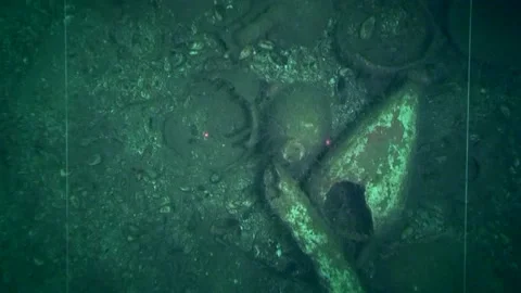 Underwater archeology: the camera shoots one of the marked bands of the research Stock Footage 155474308