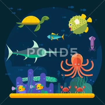 Underwater background coral garden with glossy water surface colorful fish Stock Illustration