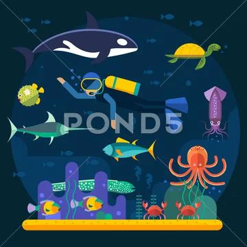 Underwater background coral garden with glossy water surface colorful fish Stock Illustration