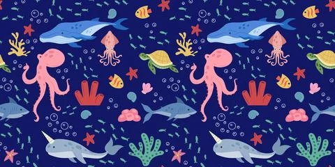 Underwater background. Seabed pattern. Animal dolphin, different fish. Wate.. Stock Illustration