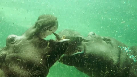 Underwater Battle Between Two Hippos Cinematic Slow Motion 4K Footage Stock Footage 308810269