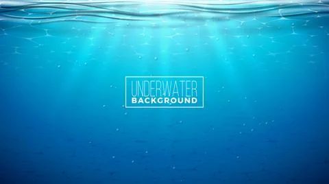 Underwater Blue Ocean Background Design Template with Water Wave and Sunrise. Stock Illustration