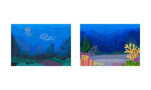 Underwater Bottom View with Algae and Sea Weeds Vector Set. 스톡 일러스트