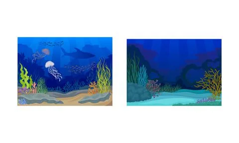 Underwater Bottom View with Algae and Sea Weeds Vector Set. イラスト素材