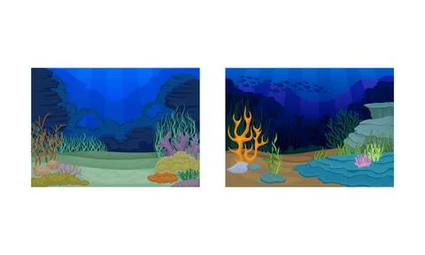 Underwater Bottom View with Algae and Sea Weeds Vector Set. Stock Illustration