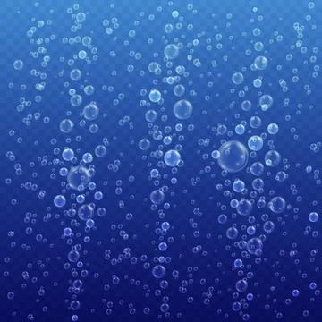 Underwater bubbles on blue transparent background. Realistic fizzing air bubb Stock Illustration