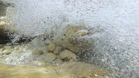 Underwater bubbles from a mountain river, pure water. Slow motion Video stock 98221233