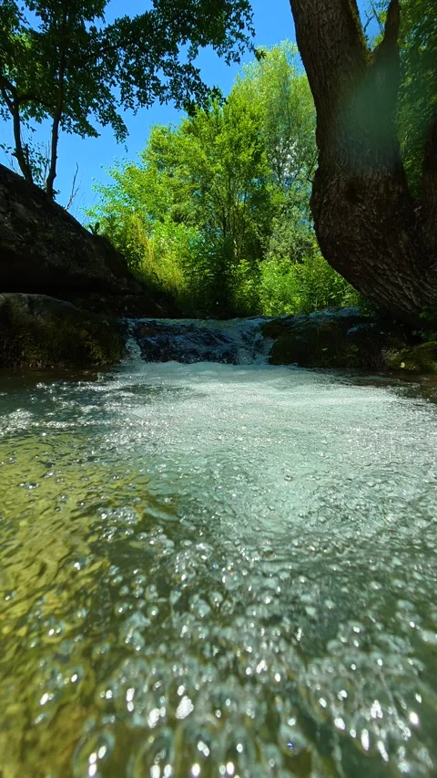 Underwater bubbles rise toward mount stream. Gradasnica River Canyon, Vertical Stock Footage 342327893