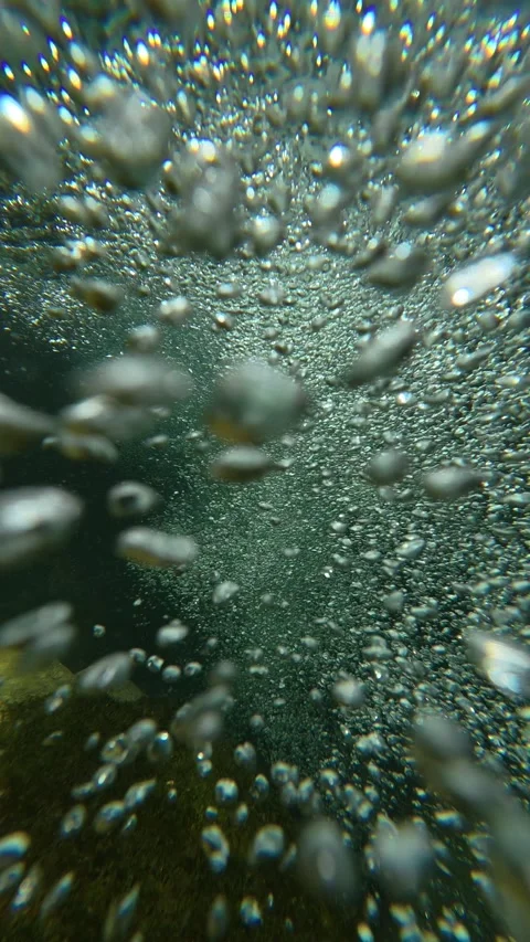 Underwater bubbles rise toward sunlit surface. Gradasnica River Canyon, Vertical Stock Footage 342327879