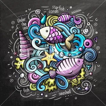 Underwater cartoon doodle chalkboard illustration Stock Illustration
