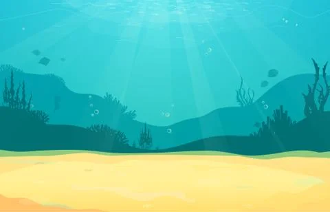 Underwater cartoon flat background with fish silhouette, sand, seaweed, coral Stock Illustration