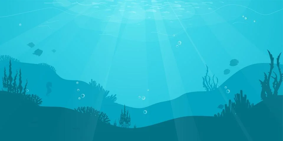 Underwater cartoon flat background with fish silhouette, seaweed, coral. Ocean Stock Illustration