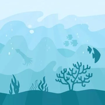 Underwater cartoon flat background with fish silhouette, seaweed, coral, squi Stock Illustration