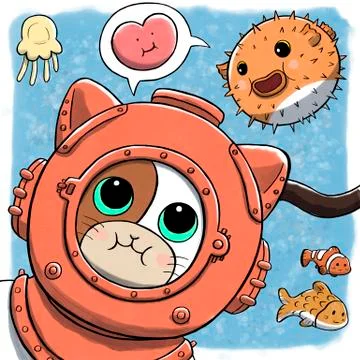Underwater Cat Using Diving Dress Stock Illustration