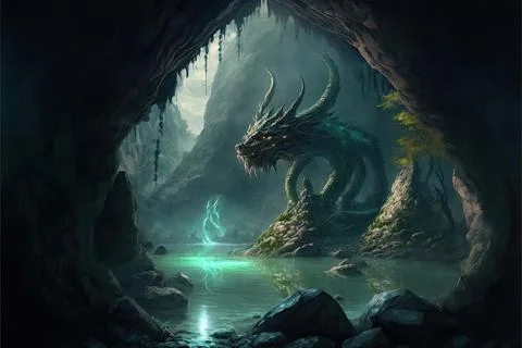 An Underwater Cave By A Large River Stock Illustration