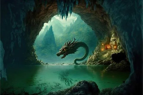 An Underwater Cave By A Large River Stock Illustration