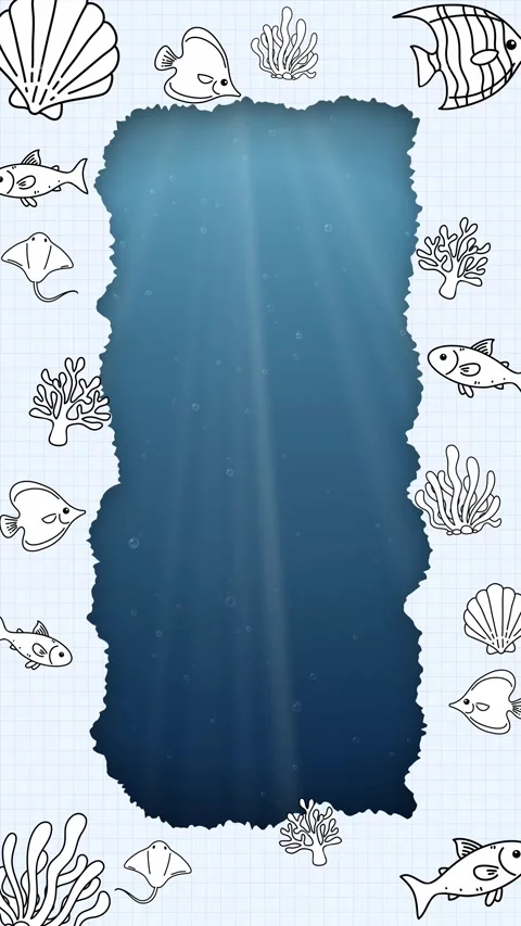 Underwater Cutout Paper Frame with Doodle Sea Creatures Vertical Animation Stock Footage 345301002