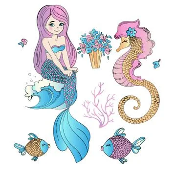 UNDERWATER EASTER Mermaid Holiday Vector Illustration Set Stock Illustration