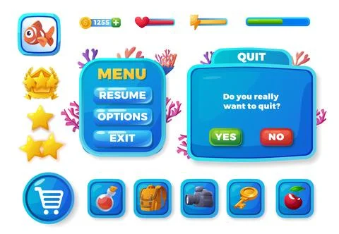 Underwater game UI. Vector illustration set Stock Illustration