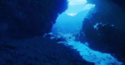 Underwater grotto with sunlight streaming through rocky crevices Stock Illustration