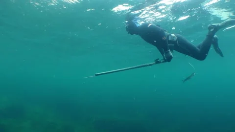 Underwater hunter at the sea surface. Stock Footage 247486332
