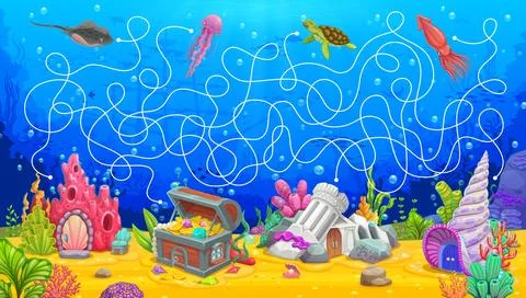 Underwater labyrinth maze, help animals find house Stock Illustration
