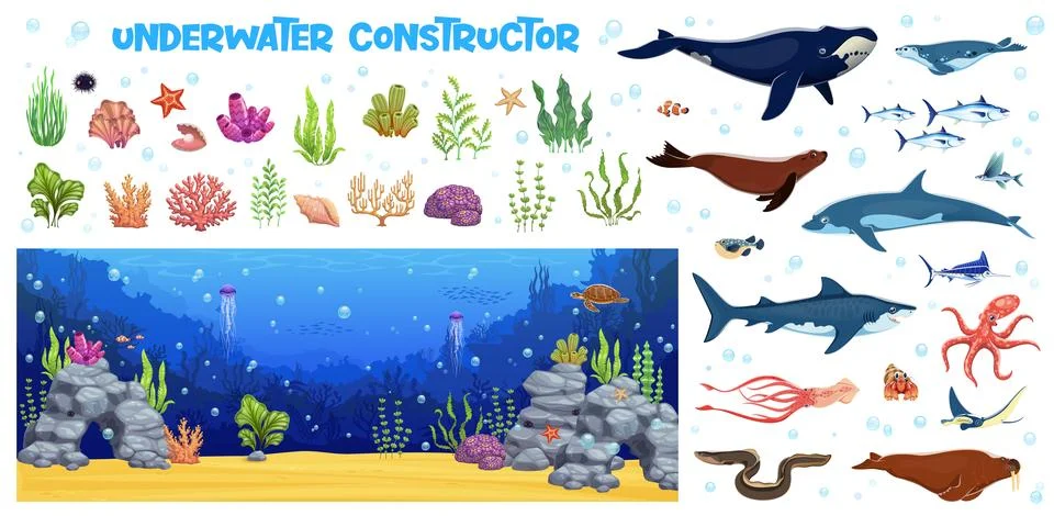 Underwater landscape constructor game worksheet Stock Illustration