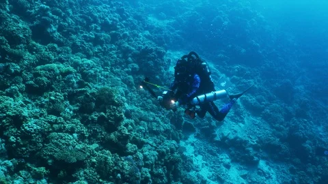 Underwater Landscape with a Diver, Diving in CCR Rebreather on Corals Stock Footage 124989465