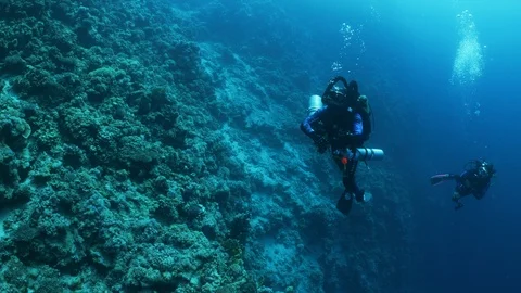 Underwater Landscape with a Diver, Diving in CCR Rebreather on Corals Stock Footage 124989475