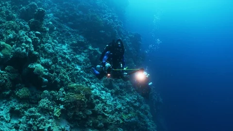 Underwater Landscape with a Diver, Diving in CCR Rebreather on Corals Stock Footage 124989507