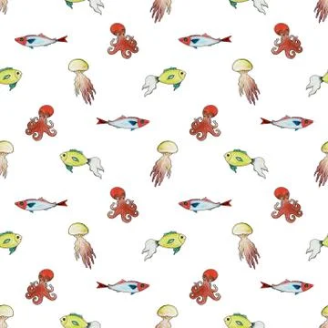 Underwater life illustrations, seamless pattern Stock Illustration