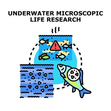 Underwater life research studying microplastic pollution Stock Illustration