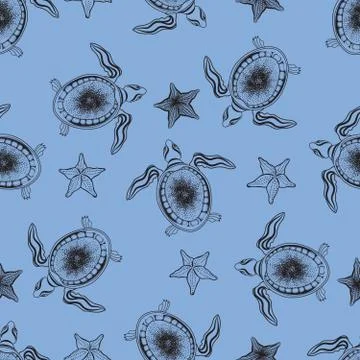 Underwater marine life pattern. Turtle and starfish tiled backgr Stock Illustration